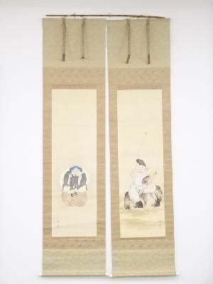 昭和頃　白鳳筆　福神図　肉筆絹本双幅掛軸（共箱）